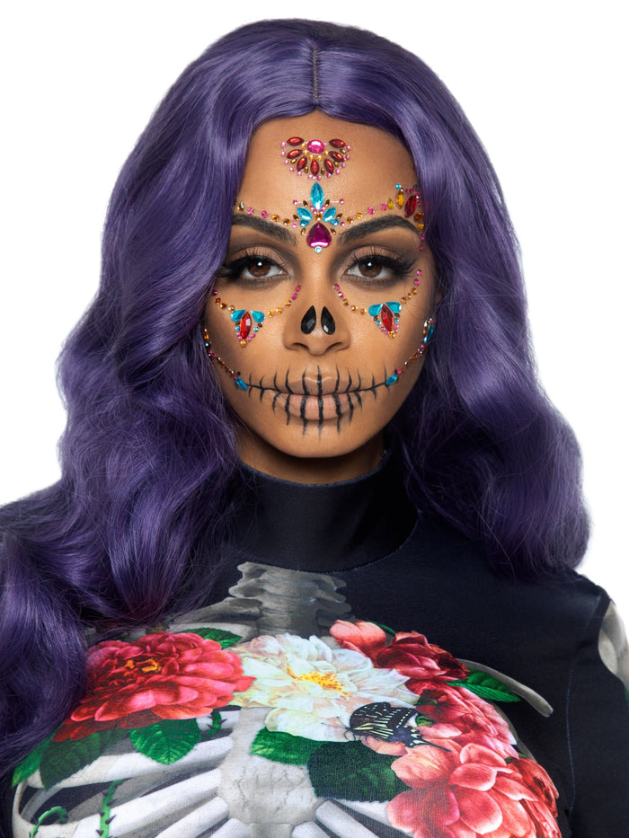 Day of the Dead Skeleton Face Jewels — multicolor Día de los Muertos rhinestone design